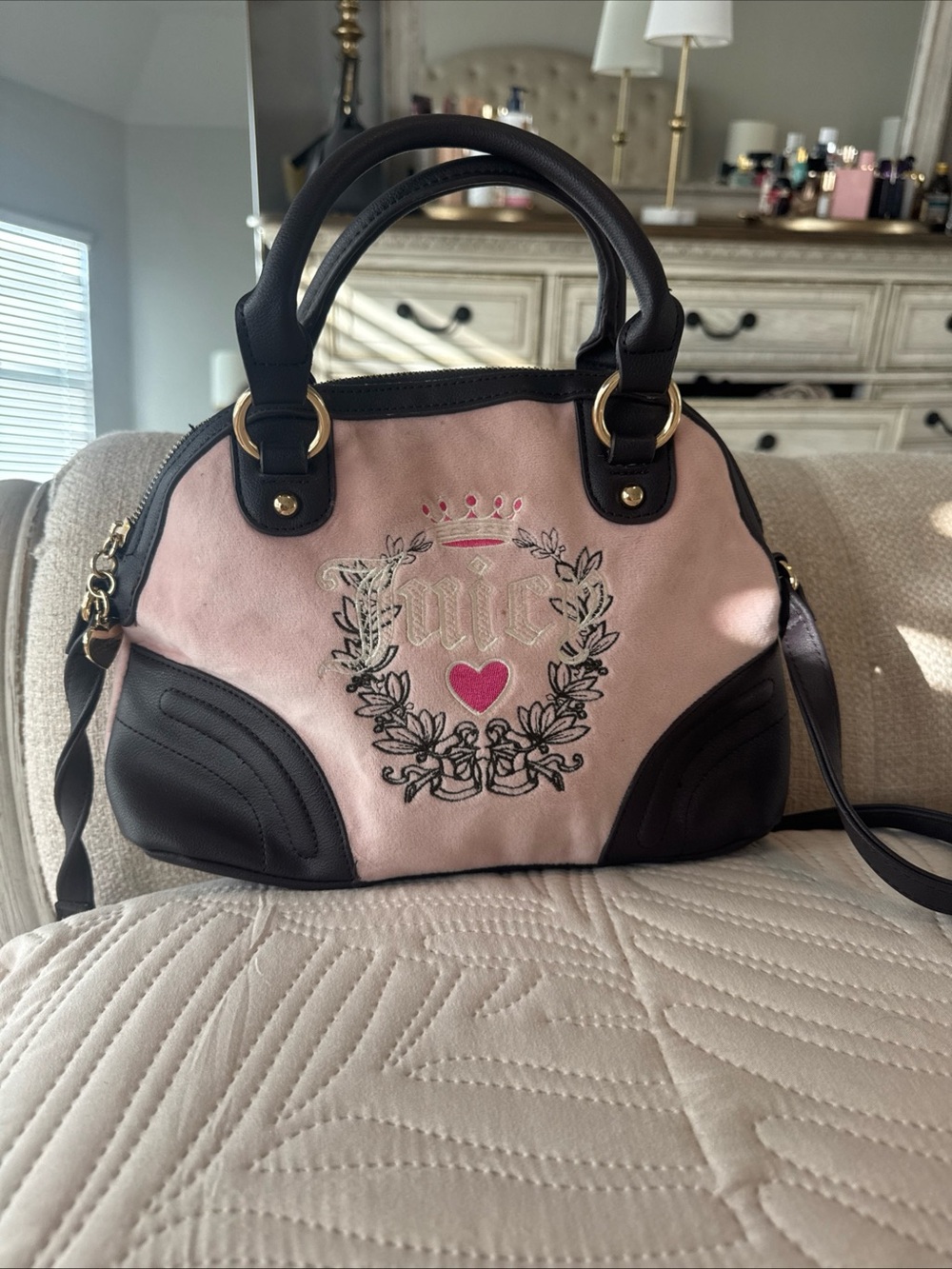 Juicy Couture Heritage Dome Satchel Bowler Bag In Pink Velour With Chocolate